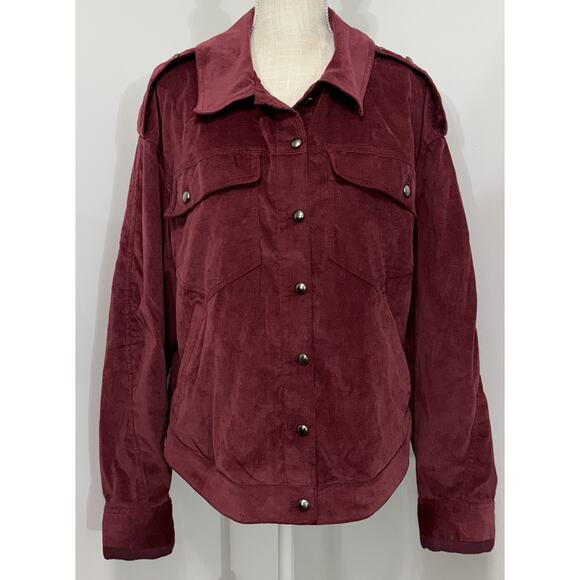 Free People Maroon Burgundy Luxe Velvet Trucker Jacket Oversized Size Large L - Picture 1 of 3